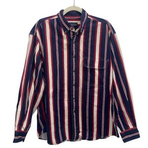 VTG Lands' End Navy and Red Striped Button Down Shirt Cotton Denim Style Men's L
